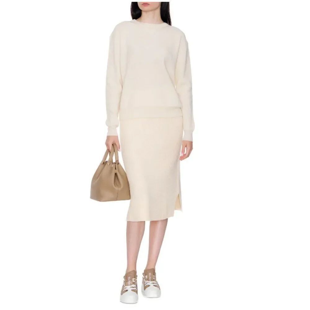 Max Mara Egizi Pencil Midi Skirt Knit Virgin Wool in Ecru Cream Off White